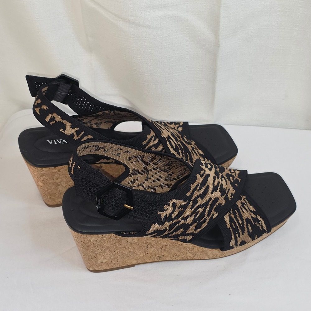 Vivaia Black Tan Animal Print Knit Cork Wedge Sandals Women 9 EU 40 Square Toe